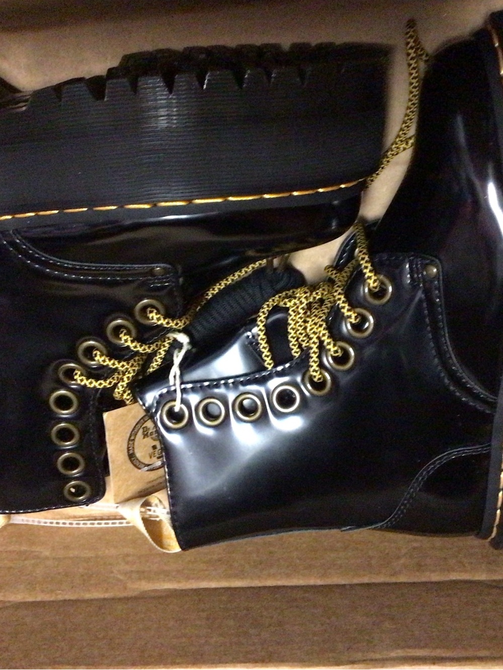 Dr. Martens Black Patent Lace-Up Platform Boots with Gold Details